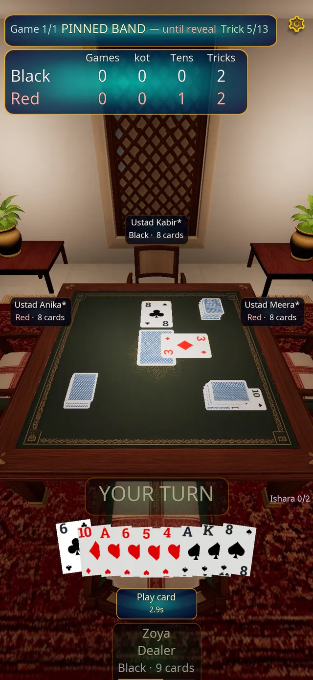A Band hand on the 3D table, with the hukum hidden until the reveal
