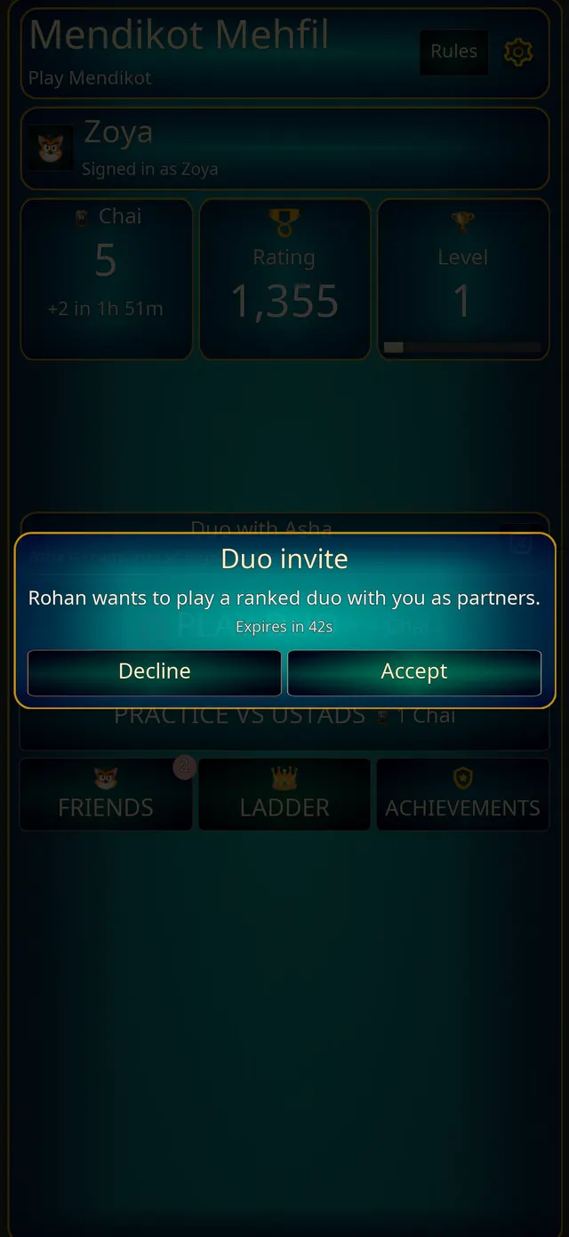 A friend's duo invite on the home screen, with Accept and Decline